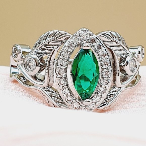 ❤Emerald Marquis Gem Leaf Weave Silver Noble Rings for Women, MARR9098 - Picture 4 of 8